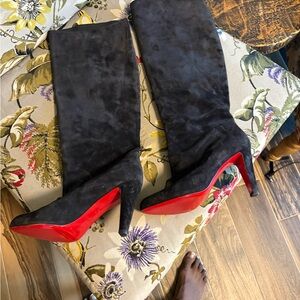 Christian Louboutin Black Suede Knee-High Boots with Red Soles